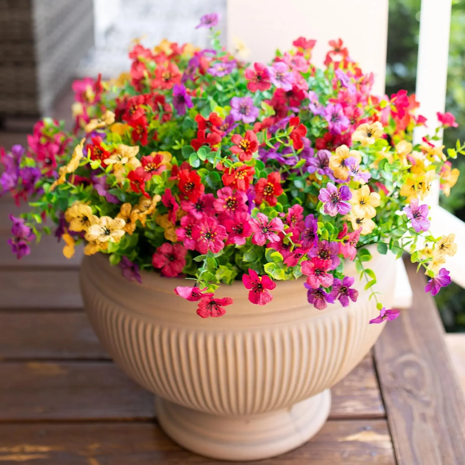 12/24 Bundles Artificial Faux Plants Flowers Outdoor Spring Summer DecorationFake Silk Colorful Daisy Eucalyptus Realistic UV Resistant for Outside Home Planter Porch Patio Yard Decor