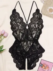 Women's Lace One-Piece Sexy Fitted Underwear, Deep V Semi-Transparent Halter Floral Lace Bodysuit for Romantic Nights, Backless Sleepwear for Valentine's Day, Strappy Lingerie