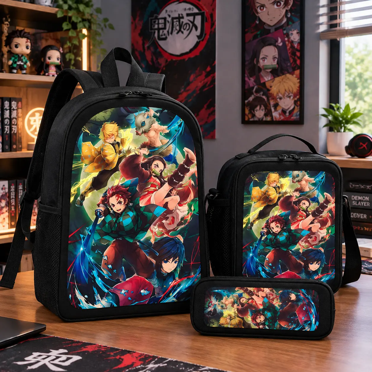 Unisex 3-Piece Demon Slayer Tanjiro Backpack Set for Students - Anime Thematic School Bag, Insulated Lunch Bag, Character Art Pencil Case, Ideal for Fans of Demon Slayer & Anime Lovers