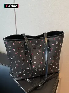 Fashionable Bowknot & Cherry Pattern Tote Bag, Handbag Tote Bag, Casual Versatile Shoulder Bag for Women, Trendy All-match Bag for Daily Use, Casual Lightweight Bag, Everyday Tote Bag