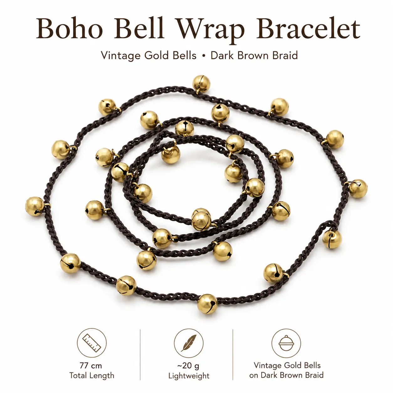 Female Boho Style Bracelet - 77cm Braided Brown Cord Bell Wrap Design Bracelet with Gold Brass Bells, Crystals, Lightweight Trendy Daily Wear Jewelry