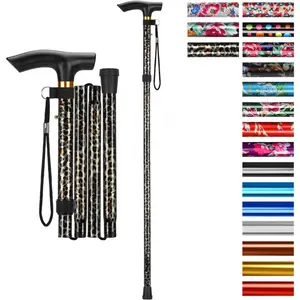 Folding Cane, 5-Level Adjustable Height Walking Stick Lightweight Collapsible Portable Travel Cane with Wrist Strap and T Handle for Elderly Disabled Men Women