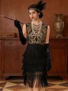 Women's Vintage Sequined Short Sleeve Mesh Dress, Elegant Cocktail Half Formal Graduation Party Gown, Wedding Guest Swing Dress