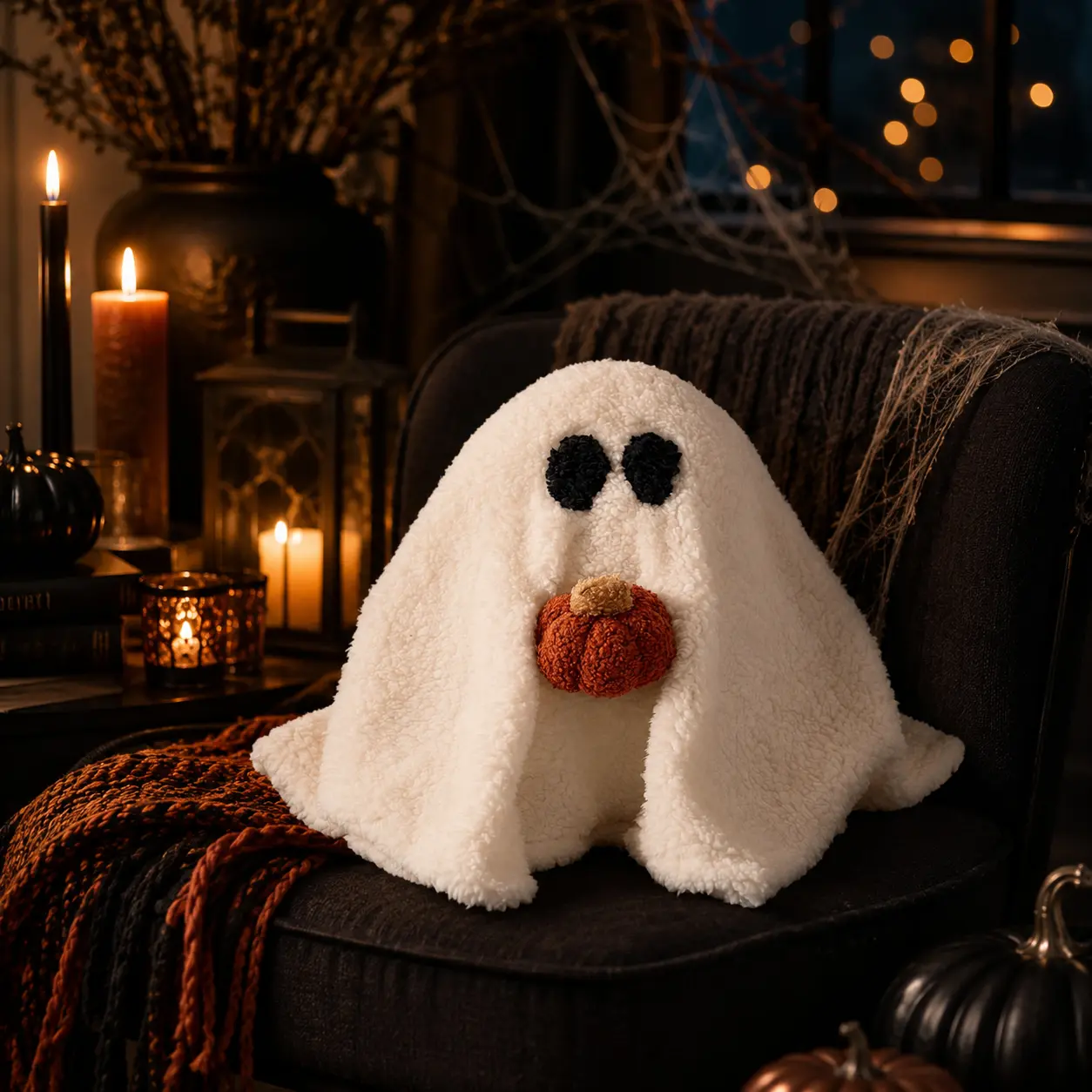 11-Inch Ghost with Pumpkin Plush Pillow, Cute Soft Halloween Decorations, Festive Home & Party Supply for Kids