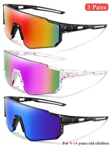 3 Piece Set Kids Fashionable Large Frame Sports Cycling Sunglasses For 9-14 Years Old, Windproof Polka Dot Frames, Uv400 Coated Lenses, Unisex Outdoor Activities