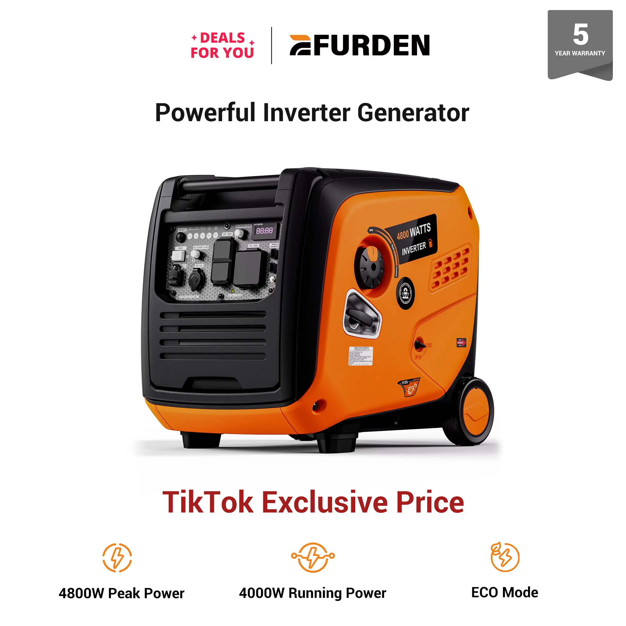 Efurden 4800 Watts Inverter Generator Gas Powered, Portable Generators for Home Use and Camping, with Fuel Gauge and Digital Meter, CO Sensor, RV Ready, Parallel Capable, EPA Compliant