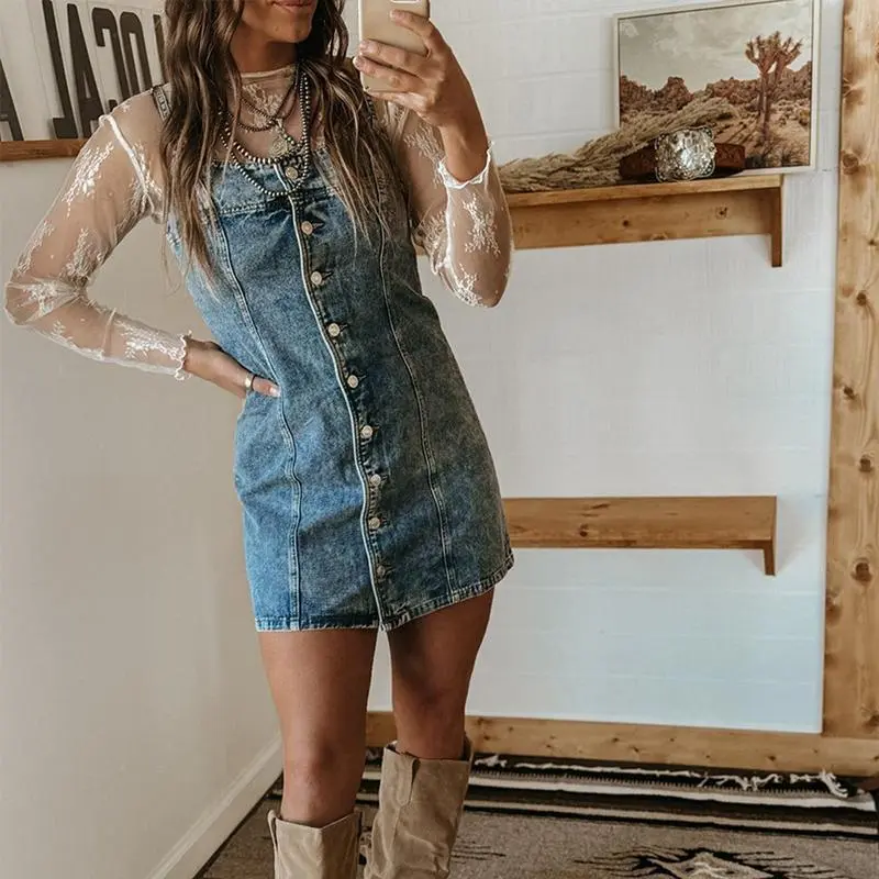 Spring camisole, old-fashioned casual Western style slim fit denim dress, summer women's basic style