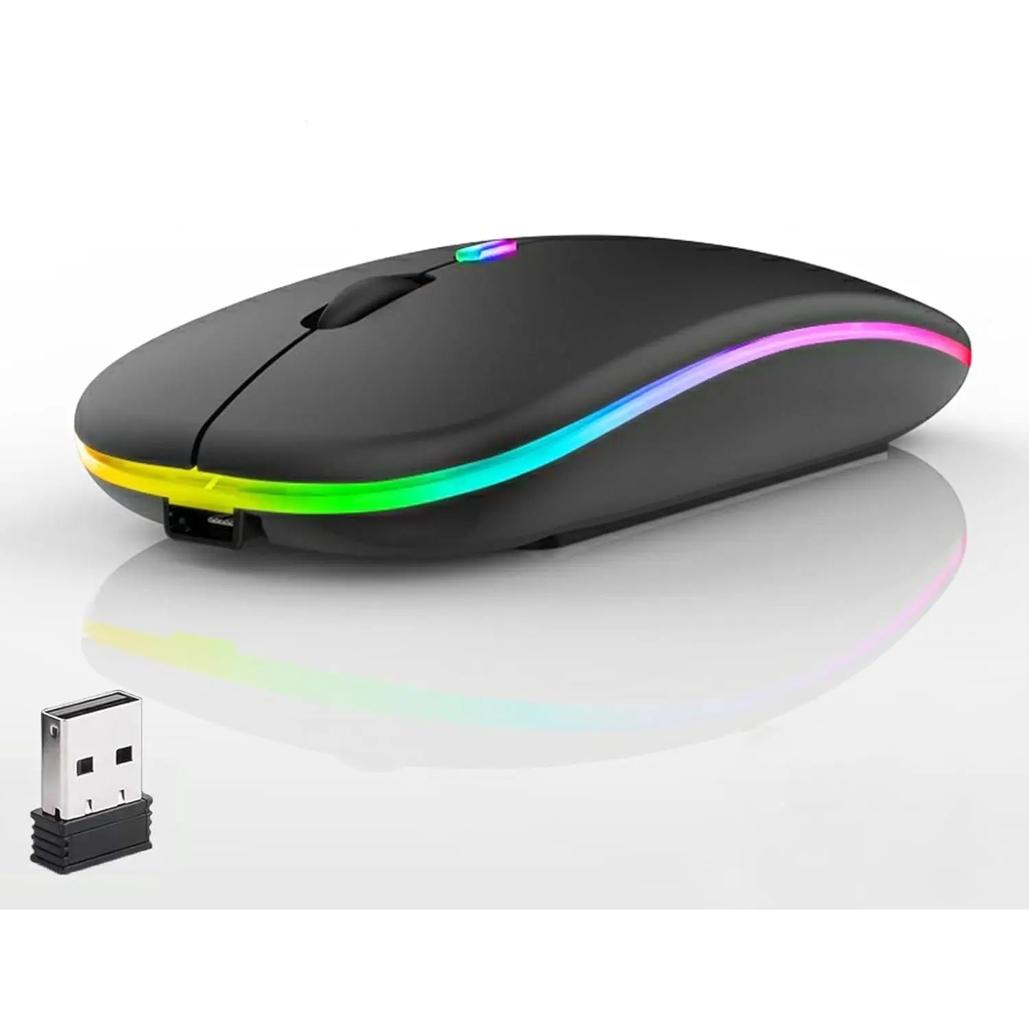LED  , Slim Silent -Mode 2.4G+BT Rechargable 7-Color Portable Mobile Optical Office  with USB Receiver, 3 Adjustable DPI Levels for Notebook, PC, , MacBook (Black)