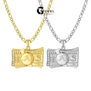 GGIRL Fashion 18K Gold Plated Artificial Zircon 100 Dollar Design Initial Letter Pendant Necklace for Men and Women, Elegant Durable Design Unique Personalized Hip-Hop Accessesory Jewelry Perfect for Party/Daily