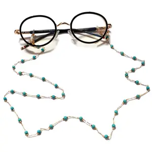 Aesthetic Beaded Eyewear Chain, Non-Tarnish Gold Non-Slip Cord, Turquoise Stone Eyeglasses Holder for Sunglasses & Reading Glasses, Anti-loss Multi-use Styling Neck Cord, Unisex, Plain