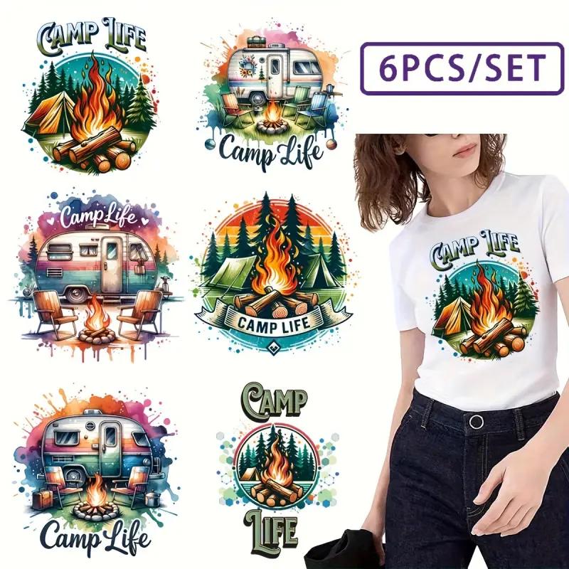 6 Pack Iron on Patches Camping Design Fire RV Tent Colorful Washable Applique for Tshirt Jacket Bag Outdoor Enthusiast Decoration