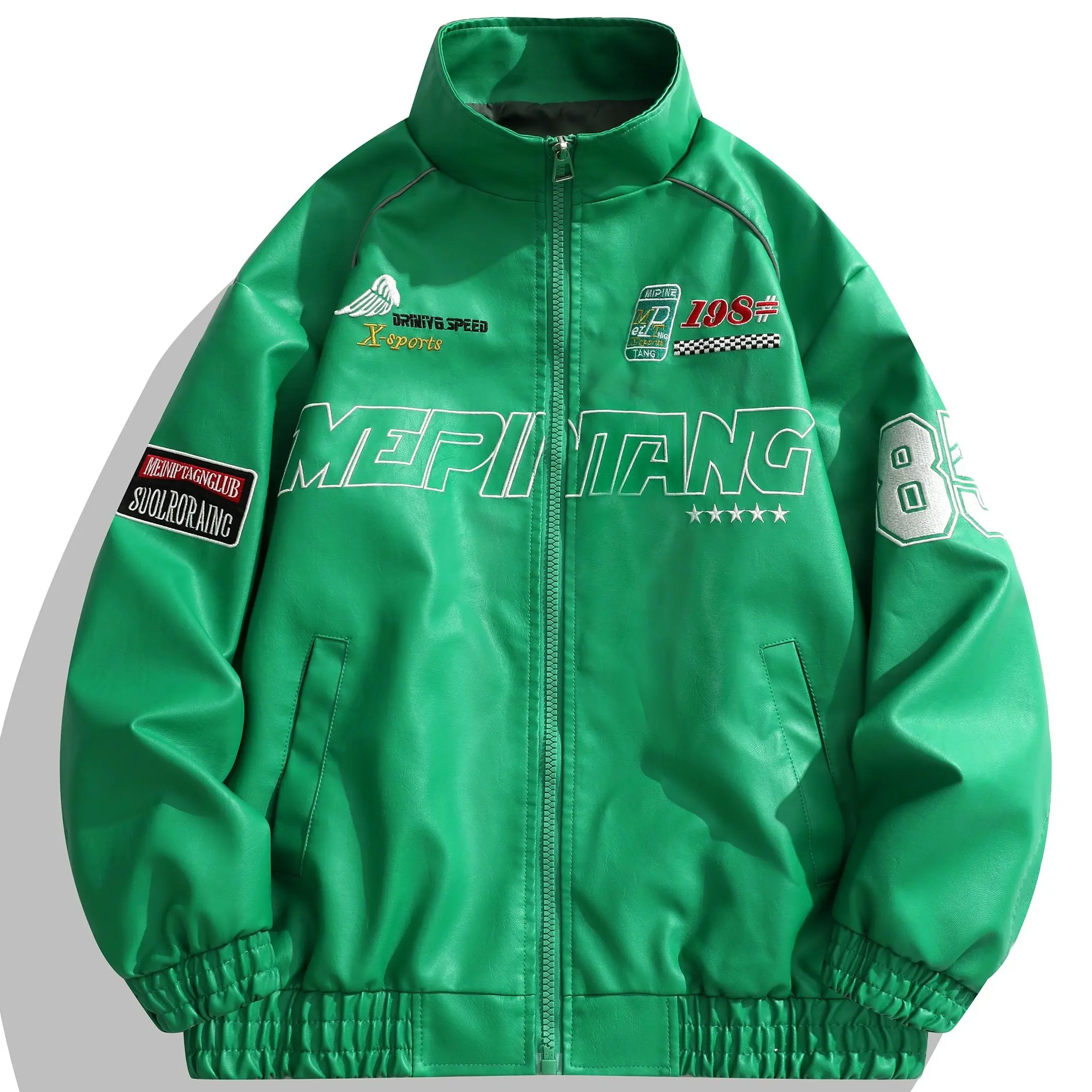 Men’s racing patch embroidery stand collar faux leather aviator jacket, retro racing street-style zip baseball jacket, autumn/winter windproof leather jacket, long-sleeve zip jacket design, casual style, suitable for everyday wear, menswear, fashionable o