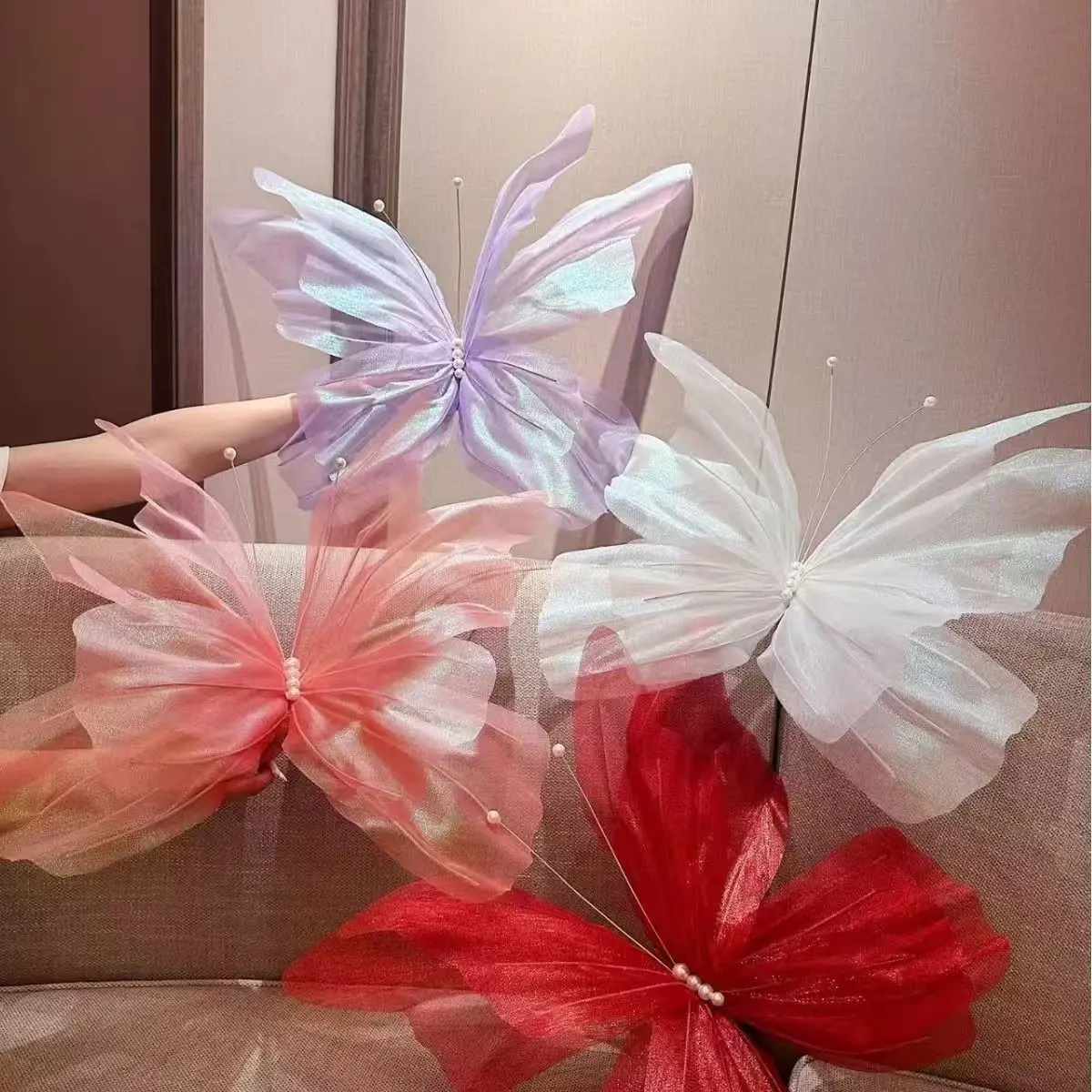 4pcs Realistic Artificial Butterflies, Dual-Layer Silk Wings, Gradient Pearl Decor, Wedding Party Decoration, Dreamy Atmosphere, Home Decor Accessory