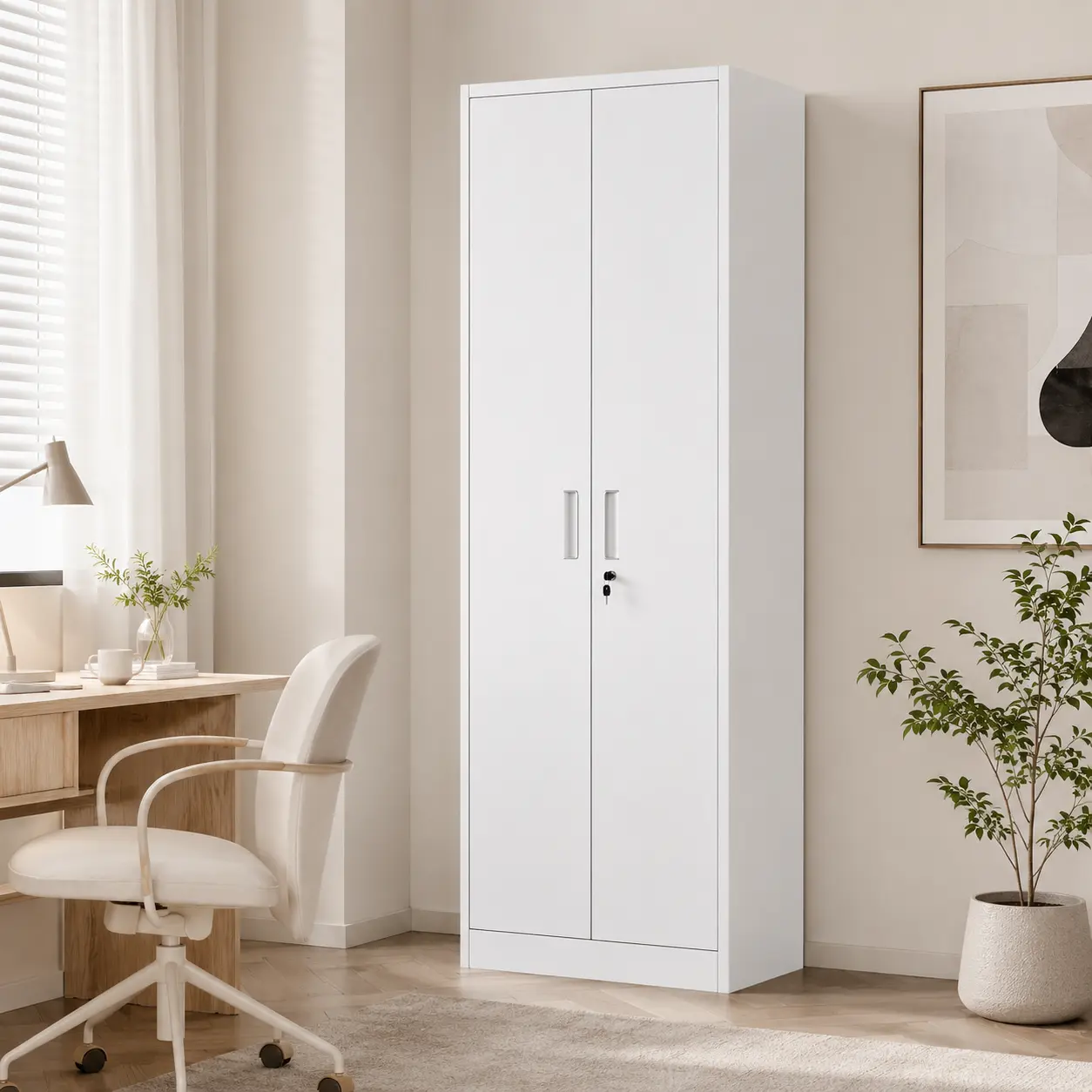 White Metal Storage Cabinet with Lockable Doors and Shelves, 70.9'' Tall Steel Storage Cabinet for Home Office, Garage, Kitchen Pantry, Bedroom, Utility Room, File Cabinet Organizer, Durable Easy-Clean Storage Locker