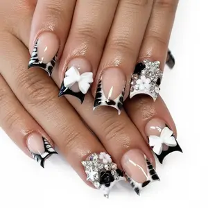 French Tip Press On Nails Short Square Black White Zebra Print Bow Charm Flower Star Rhinestone Full Cover Stick On Nails for Women 24pcs