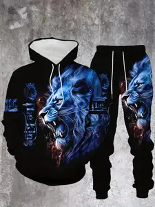 Casual Animal Print Hoodie Set, Fashion Two-Piece Fitted Long Sleeve Top & Ankle-Length Pants, Spring/fall