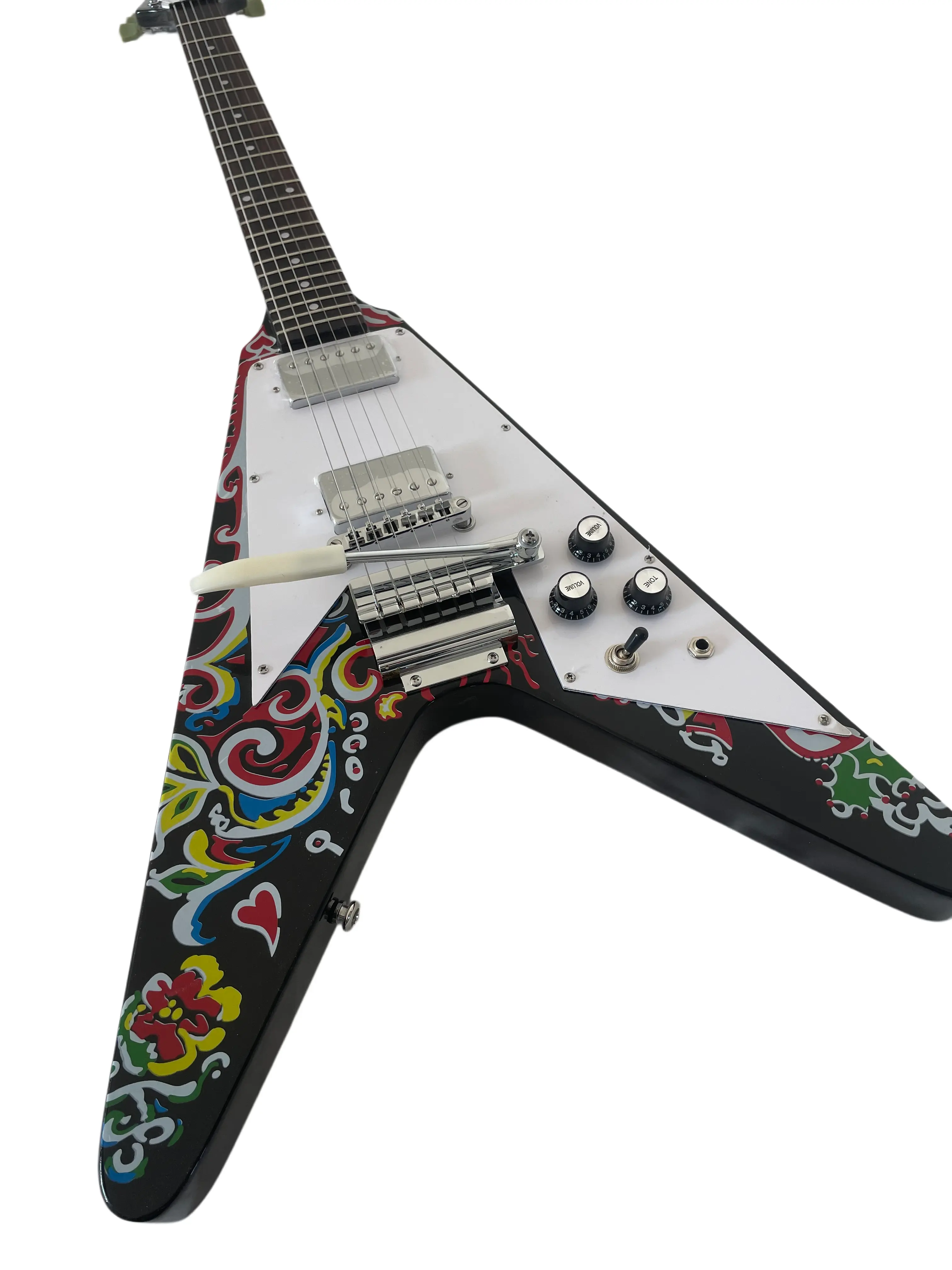 Custom Flying V Style Electric Guitar Psychedelic Love Drops Double Humbucker Chrome Tremolo Mahogany Body