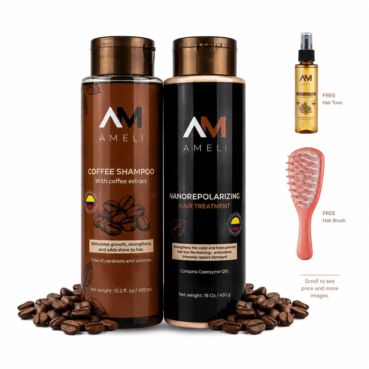 AM AMELI Coffee Haircare Set - Natural Herbal Cleanser & Deep Repair Treatment with Argan Oil, Hydrating, Volumizing, Anti-Frizz, Oil Control Shampoo, Natural Herbal Shampoo