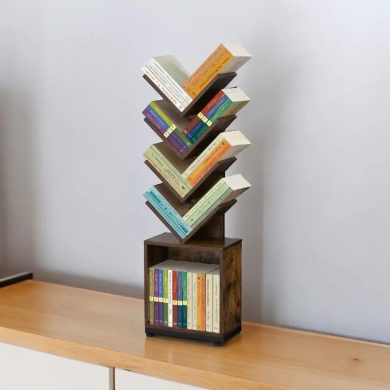 Tree Bookshelf with Storage, Retro Floor Standing Bookcase, Small Bookshelf for Bedroom, Living Room, Office, Storage Shelves