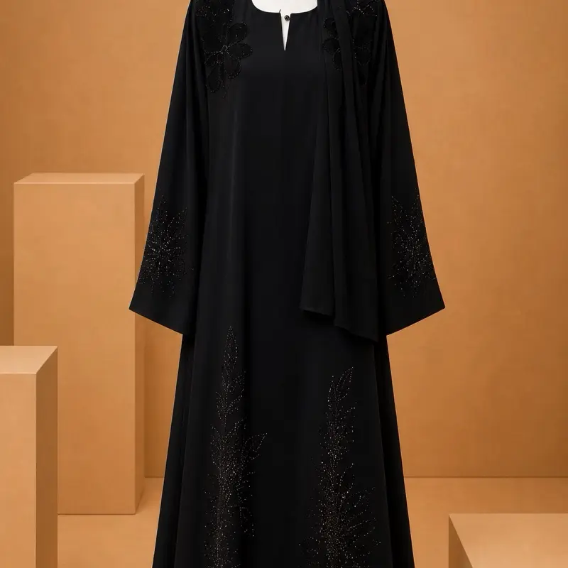 Elegant Black Rhinestone Clover Abaya Dress with Matching Scarf