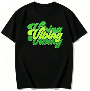 Vibing Neon Green Stacked Script Letter Graphic Tee Summer Cool 100% Cotton Trendy Streetwear Casual Top Unisex