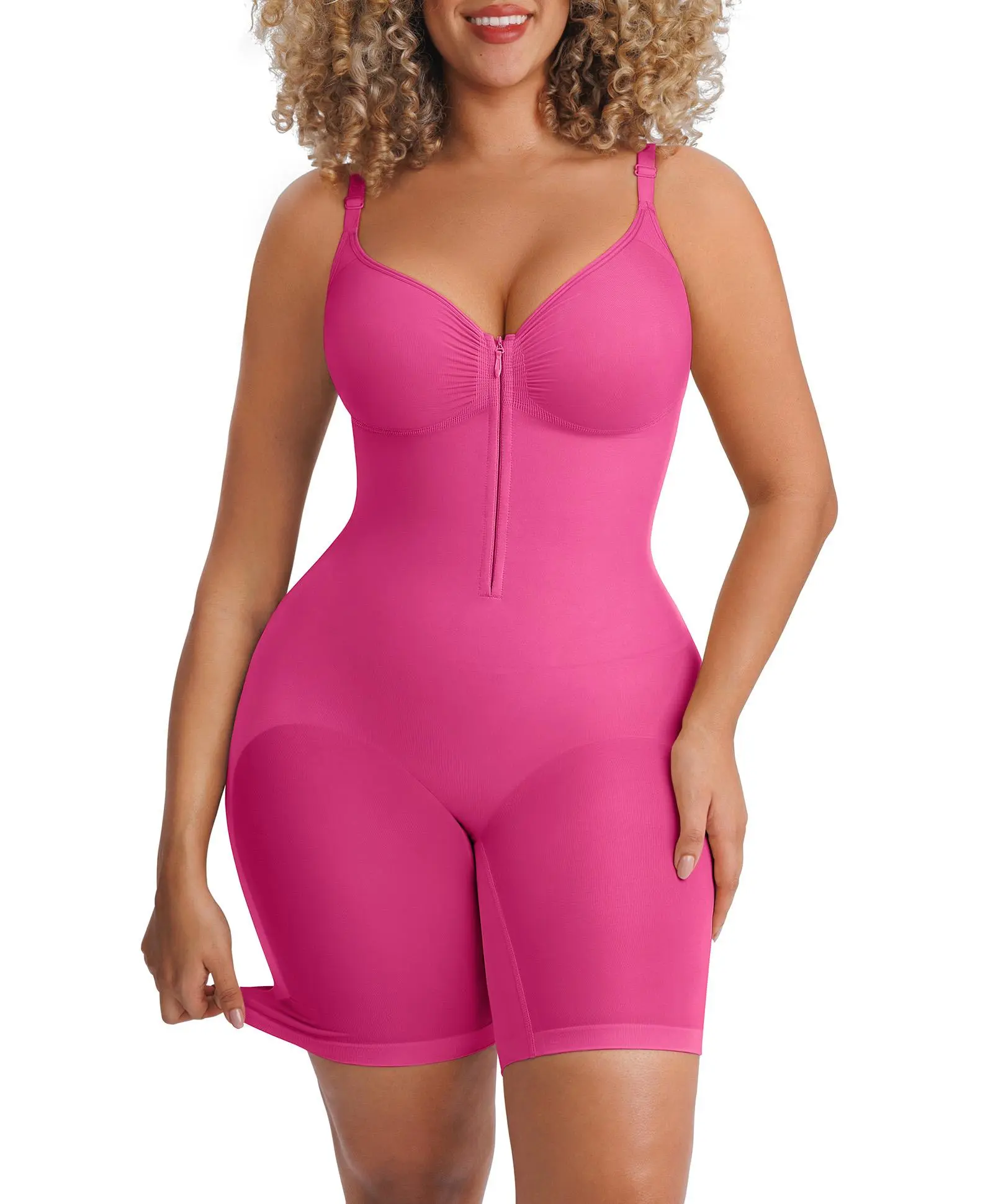 FeelinGirl #Live1 Tummy Control Butt Lifting Shapewear for Women Zip-Up Seamless Breathable Bodysuit with V-Neck and Adjustable Straps
