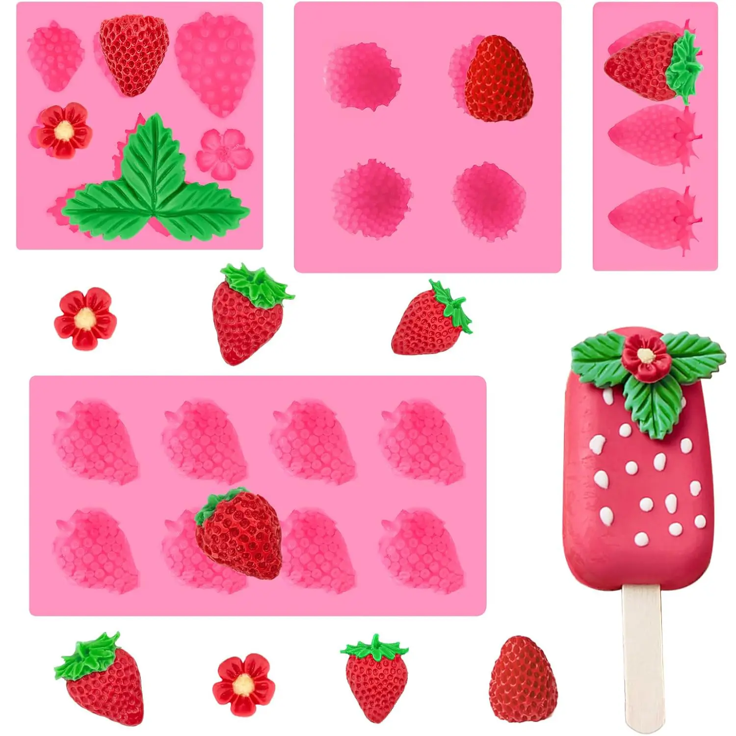 4-Pcs Multi-Size Sturdy Flexible Strawberry Silicone Fondant Bakeware Molds - Reusable 3D Fruit/Flower/Bow Designs, Marine-Friendly Baking Tool for Candy Making, Daily Use Chocolate, Shortcake Cupcake Decoration