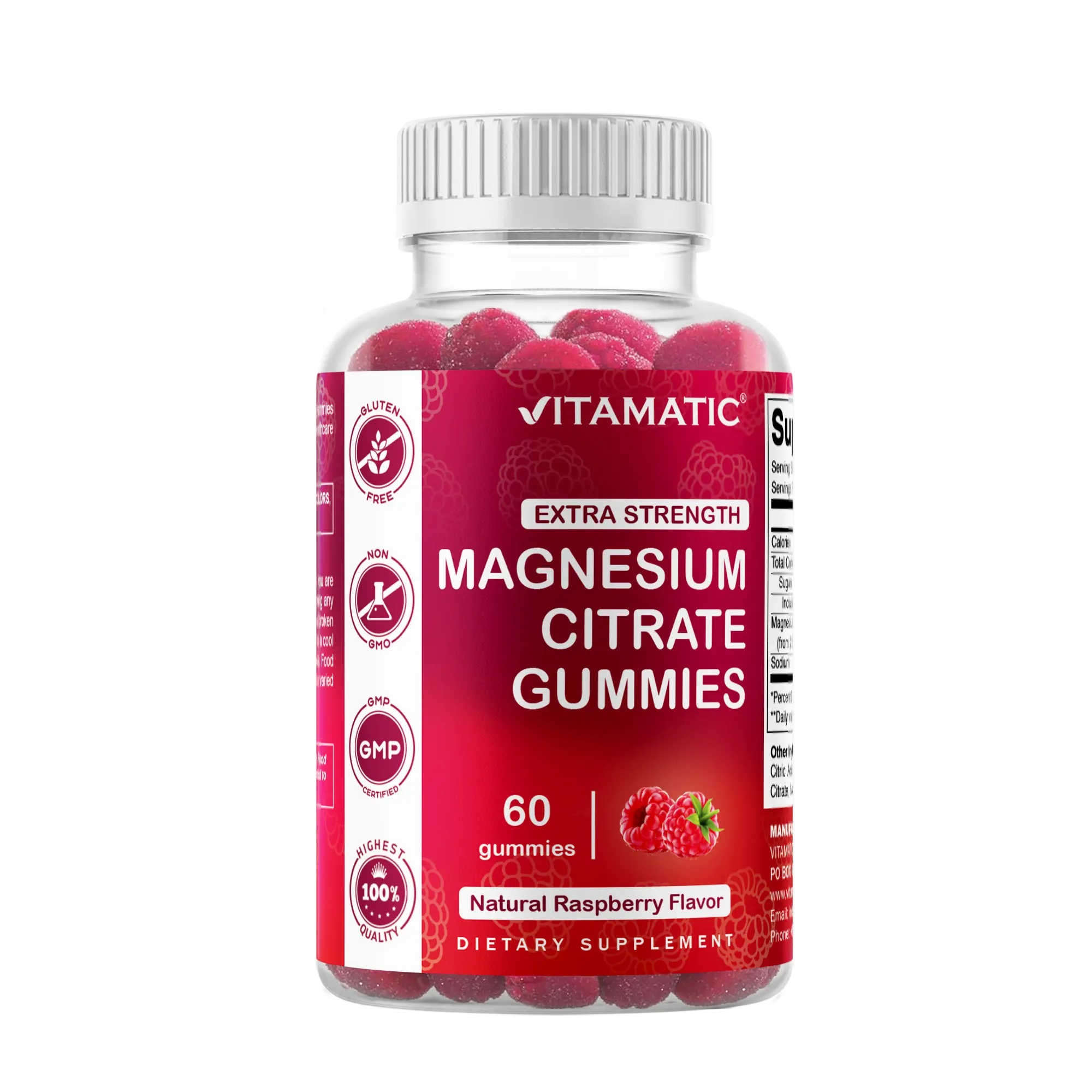 Vitamatic Extra Strength Raspberry Chewable Magnesium Dietary Gummies - 255 mg Elemental Mg per Serving, 60 Vegan Vitamins Mineral Supplements, Non-GMO Mineral Supplements - Supports Bone Health, Muscle Function