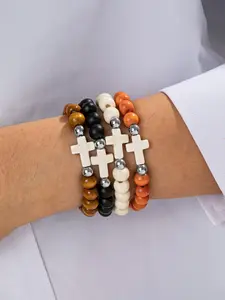 4-Piece Unisex Multicolor Wooden Beads Cross Turquoise Bracelets, Vintage Couple Handmade Jewelry Gift for Daily Wear & Special Occasions