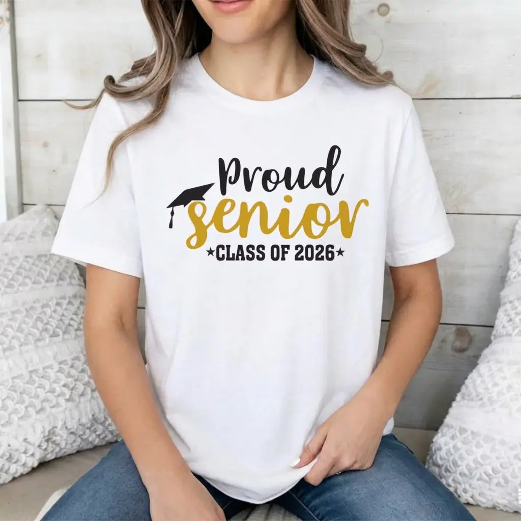 Women's Senior Class Of 2026 T-Shirt - Black & Gold Graduation Graphic Tee, Senior Text, Congrats Grad Design, Graduation Cap Element, Cold Wash, High School/College Grad Gift, Sunset Pep Rally Outfit Top, Senior Text Women's T-Shirts, Cold Wash Women's T