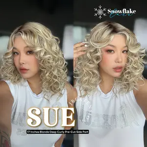 JBEXTENSION 17 Inches Blonde Deep Curly Pre-Cut Side Part Snowflake Lace Frontlace Glueless Wig SUE【BENDY EAR TABS】