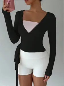 Women's Multicolor Yoga Fitness Front-Tie V-Neck Long Sleeve Cropped Tee, a minimalist and elegant essential for spring and autumn seasons, Sportswear Top, Activewear