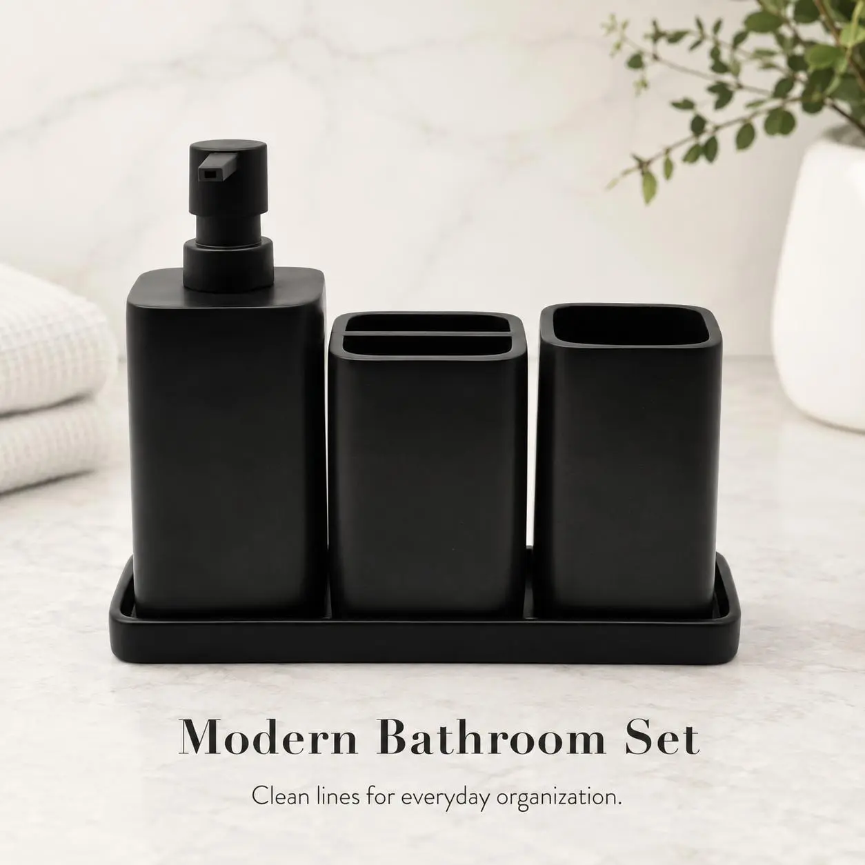 Matte Black 4-Piece Bathroom Vanity Accessory Set - Soap Dispenser, Toothbrush Holder, Tumbler, Tray - Home Bathroom Supplies Gift