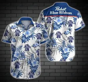 Pabst Blue Ribbon Hawaiian Shirt for Men, Button Down Summer Beach Short Sleeve, Tropical Style, Sizes S-5XL Top Womenswear