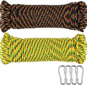 WELLMAX 2-Pack 3/16" x 100' Diamond Braided Polypropylene Rope, Yellow/Black, Soft Handle, UV & Weather Resistant Camping & Hiking Tent Accessory, Uv Resistant