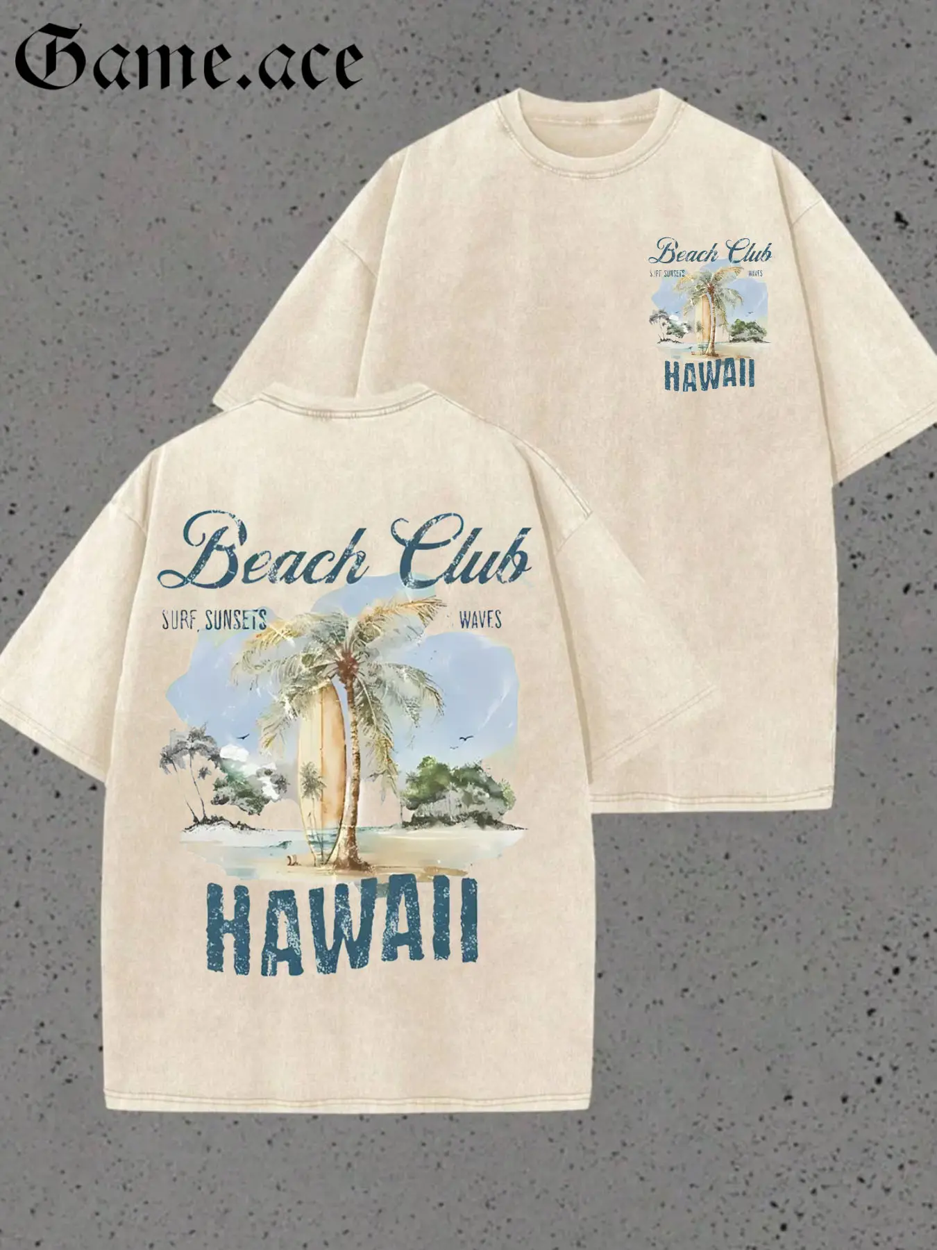 1 PCS Hawaii Beach Club Palm Tree Surfboard Front & Back Graphic Print, Vintage Tropical Surf Streetwear, 100% Cotton Breathable Unisex Tee for Summer Beach & Vacation Wear