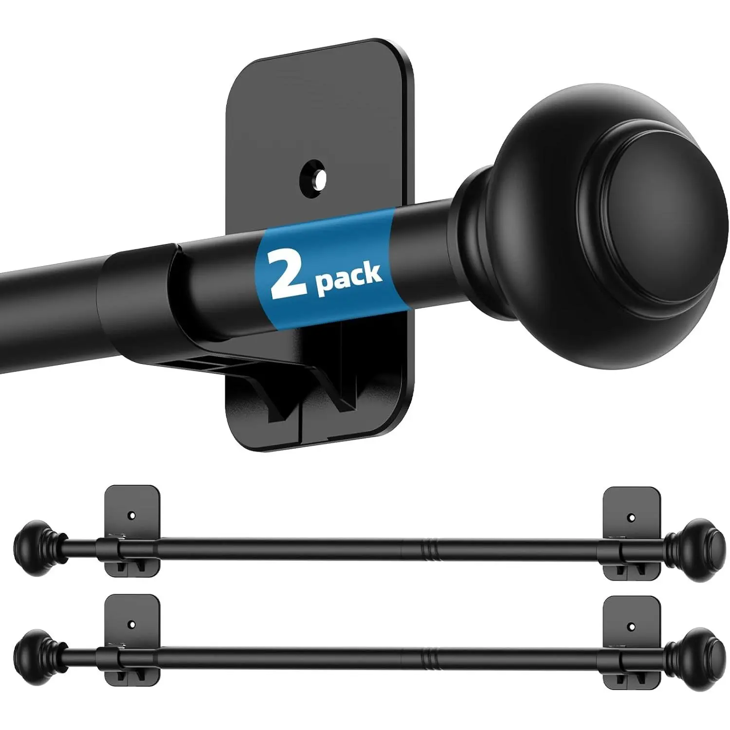 2 Pack No Drilling Black Curtain Rod for Windows 30 to 45 Inches,5/8 Inch Diameter Small Curtain Rods Set with Adhesive Brackets,Renter Friendly Adjustable Curtain Rods for Bedroom