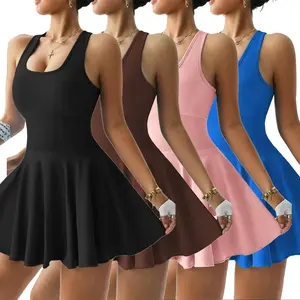 Women's Sleeveless Red Dress with Pockets High Stretch Polyester Sporty Flared Skirt Machine Washable Yoga Tennis Dress Casual Summer Athletic Outfit for Women