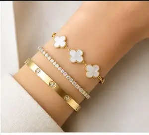 Women's 4-Leaf Clover Zirconia Stainless Steel Bracelet & Bangle Set - Shiny, Elegant, Luxury Fashion Accessory for Daily Wear, Ideal as Gifts, Bracelets