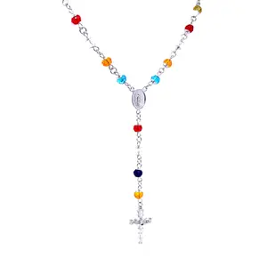 Rosary Multicolor Crystal Beads Necklace White Gold filled