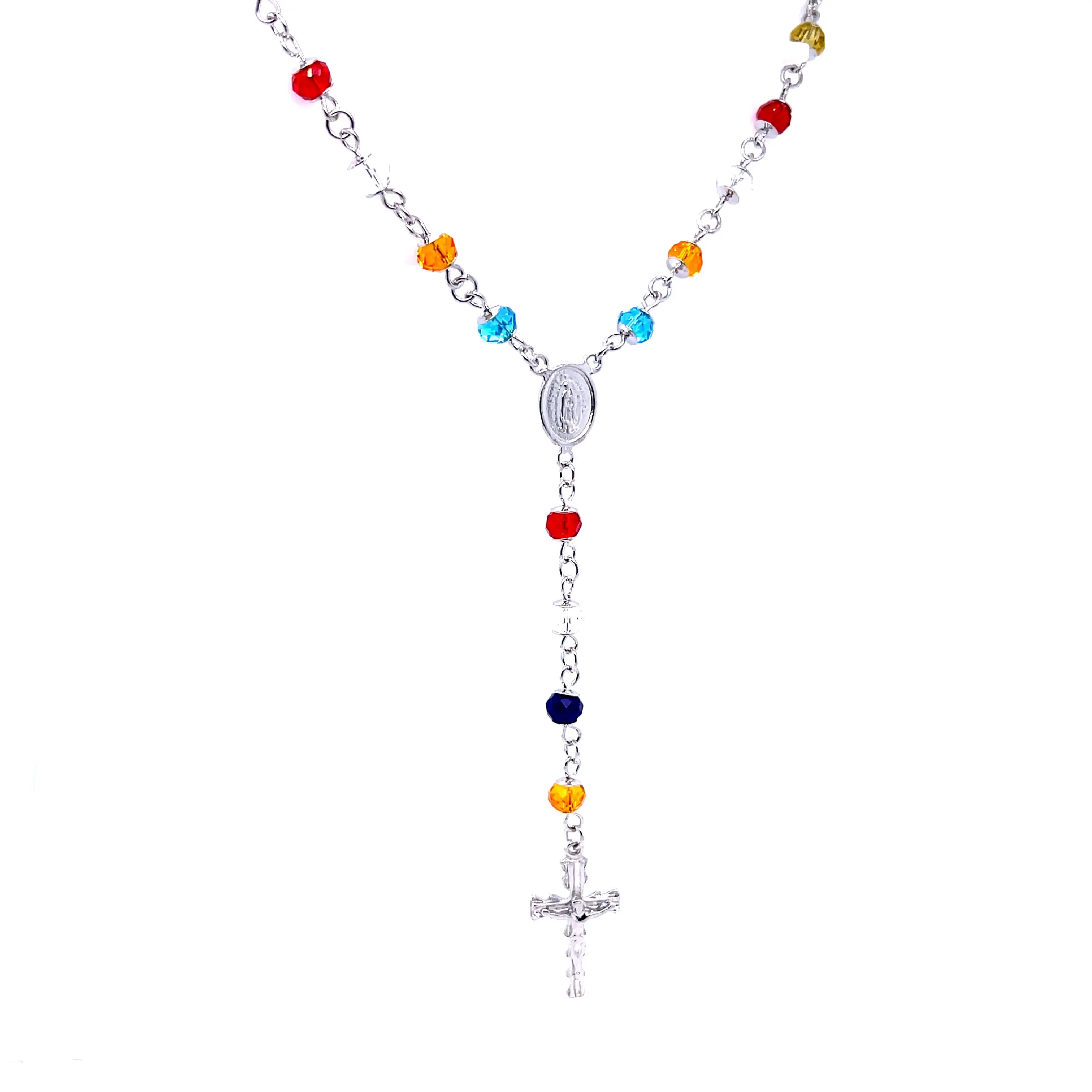 Rosary Multicolor Crystal Beads Necklace White Gold filled