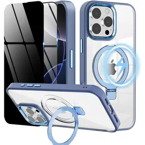 Magnetic Stand for iPhone 16 Pro Case with 1 HD & 1 Privacy Screen Protector [Mil-Grade Shockproof] [Compatible with MagSafe] Clear Back Camera Safeguard Kickstand Slim Privacy Case for iPhone 16 Pro