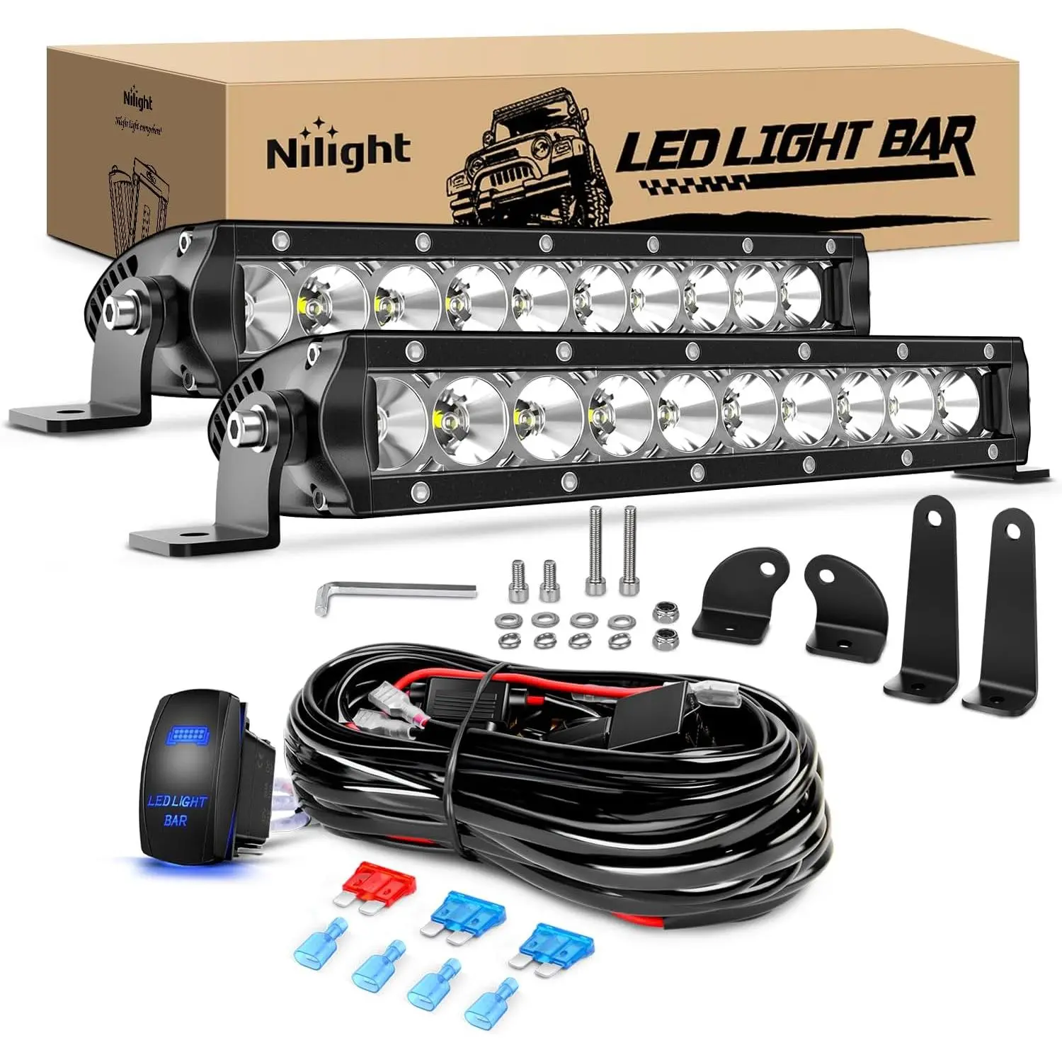 Nilight Led Light Bar 2Pcs 11 Inch 50W Super Slim Spot Flood Combo 5000LM 3D Driving Fog Off Road Lights Pods with Wiring Harness Kit-2 Lead for Trucks Pickup SUV ATV UTV Boat 4x4 Van Camper, Led Work Light, 50W Power Output