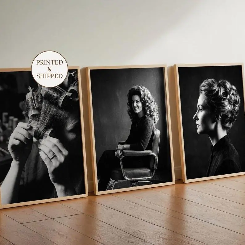 Vintage Beauty Salon Decor Set of 3, Gallery Wall Art for Hair Stylist, Retro Black and White Prints, Dark Academia Decor