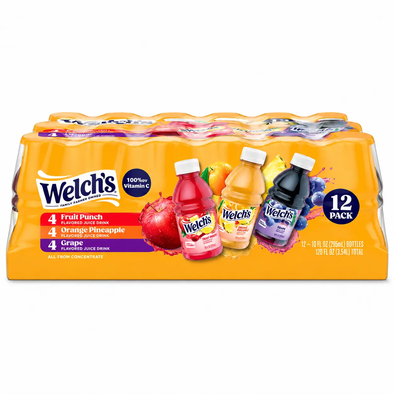 Welch’s Fruit Juice Drink Variety Pack, 12 x 10 fl oz Bottles - Fruit Punch, Orange Pineapple, Grape Flavors, Family-Size Beverage Pack