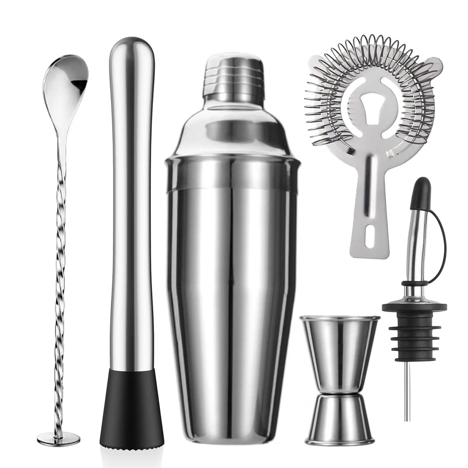6-Piece Cocktail Shaker Set, Stainless Steel Bartender Kit with 24oz Drink Shaker, Strainer, Muddler, Jigger, Mixing Spoon, Pour Spout & Recipe Guide, Silver