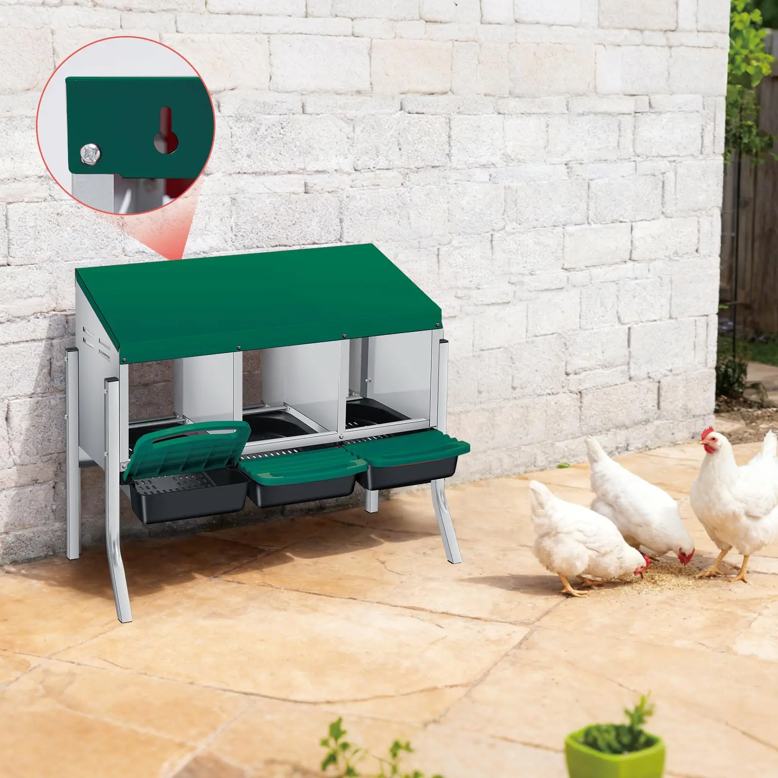 Garvee Upgraded Heavy Duty Chicken Nesting Box – 3 Compartments, Roll-Away Automatic Egg Trays, Durable Galvanized Steel, Easy Wall Mount, With Legs, For Poultry Coop and Hen House
