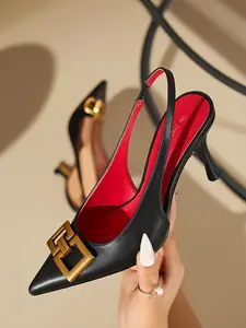 Women's Metal Buckle Stiletto High Heels, Sexy Elegant Pointed Toe Shoes, Less Than Ankle Height, All Season Fashion Footwear