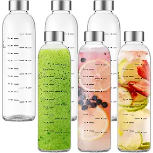 Glass Water Bottles with  25 oz, Clear Glass Juice Bottles With Stainless Steel Cap,  Drinking Bottle for Juicing, Refrigerator, Leak Proof, , Set of 6