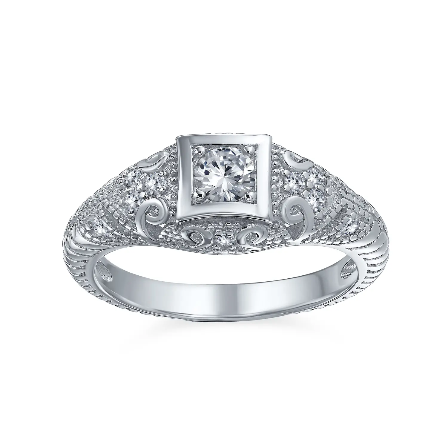 Art Deco Style Bezel Milgrain Solitaire CZ Engagement Ring Sterling Silver